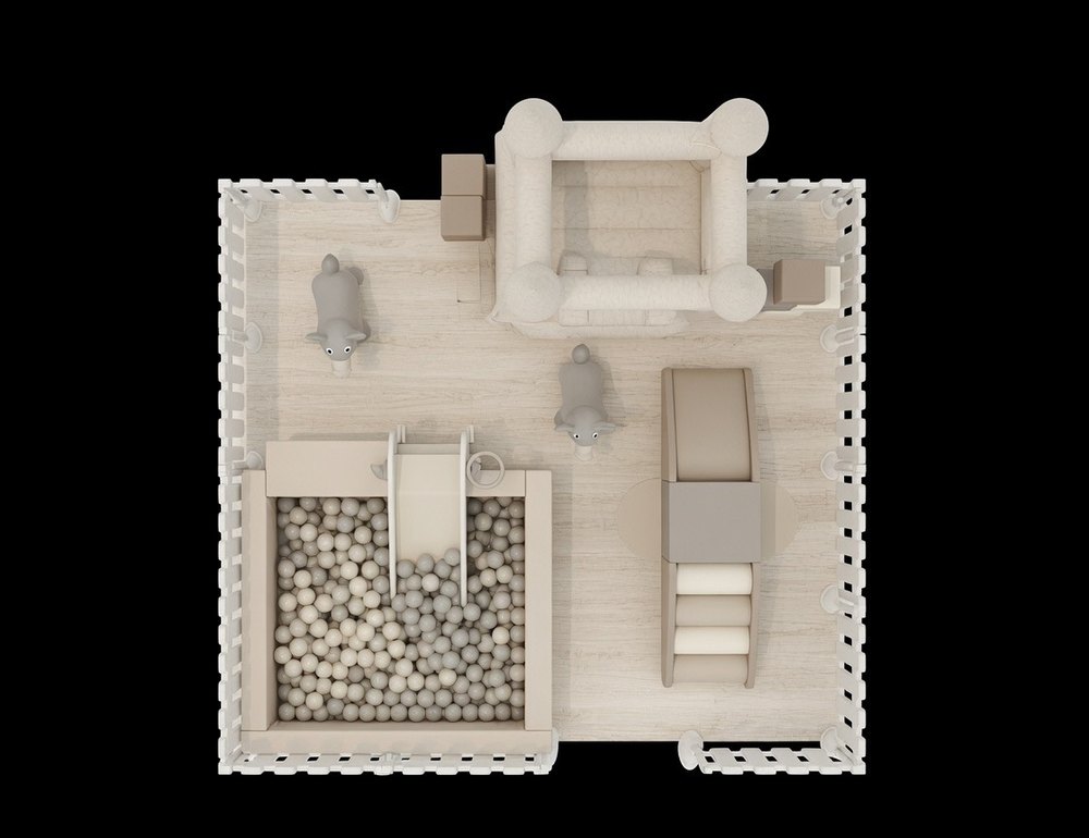 Overhead plan visualisation showing the 4x4m layout and square ball pit